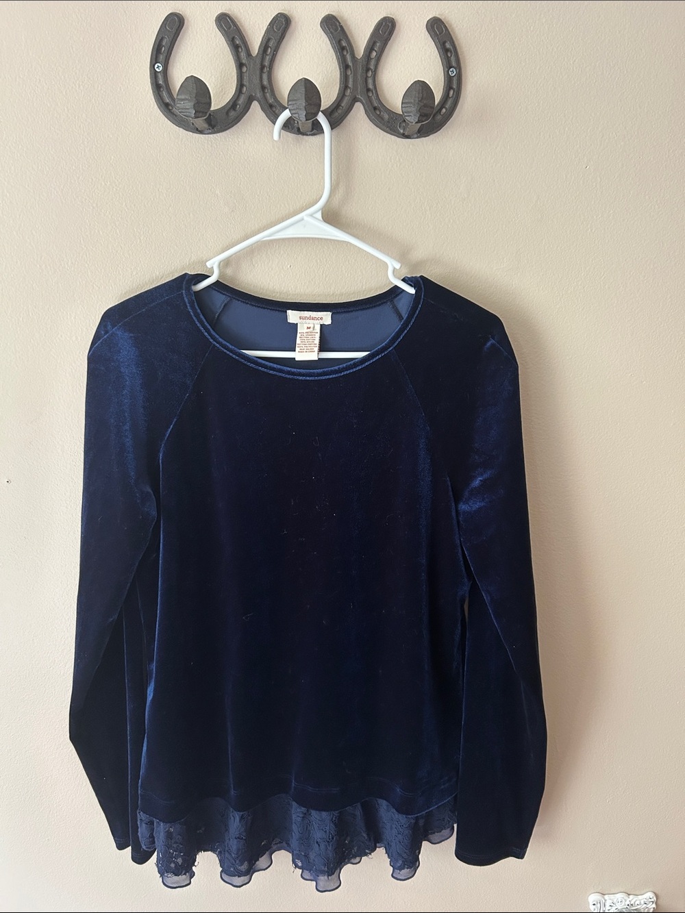 Navy Velvet Long Sleeve Top with Lace Hem